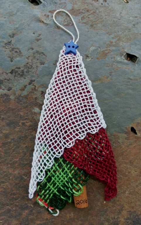 Image of Blue Star Red Lace Tree Ornament, handwoven