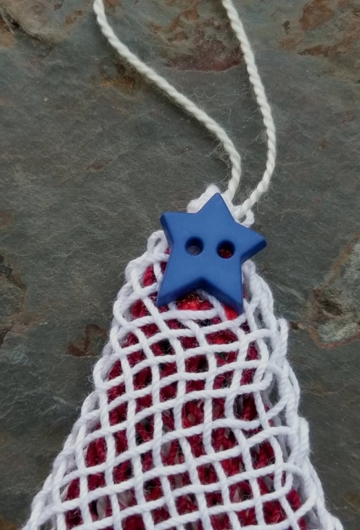 Image of Blue Star Red Lace Tree Ornament, handwoven