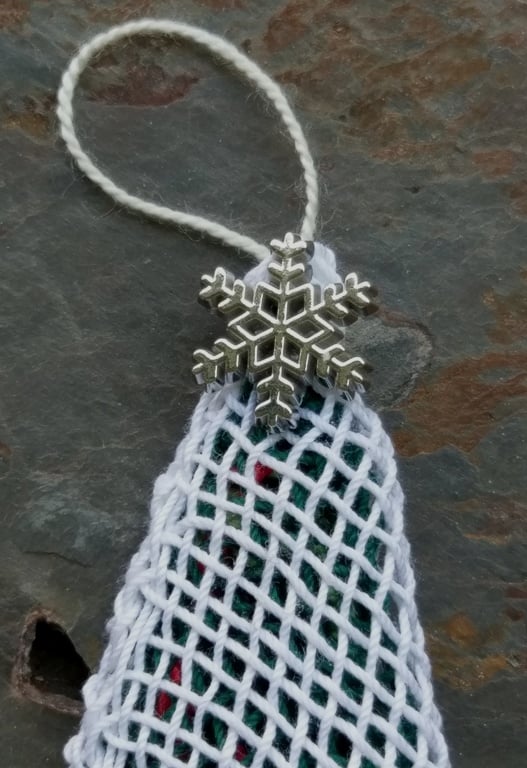 Image of Silver Snowflake Green Lace Tree Ornament, handwoven