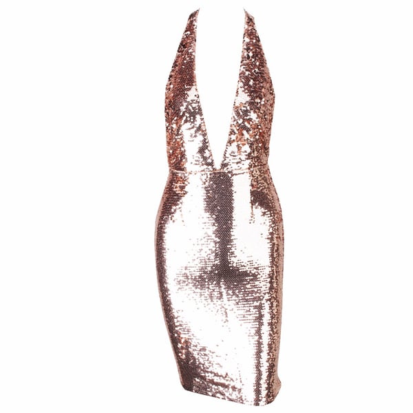 Image of 'ROSA' SEQUINNED CHAIN BACK HALTER BODYCON DRESS