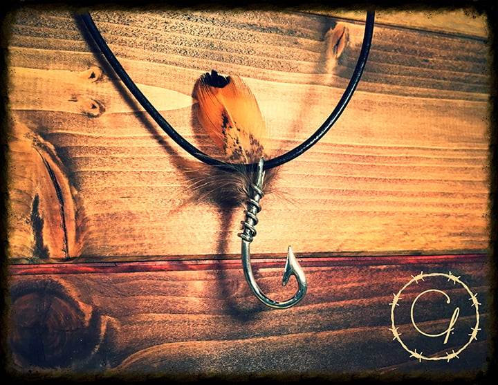 Image of Fly Hook Necklace with Genuine Feather on Leather Cord
