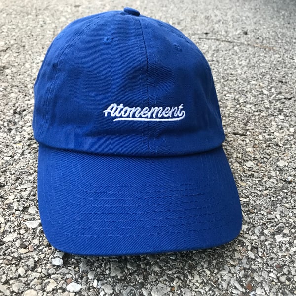 Image of Atonement Script Logo Dad Hat in Royal/White