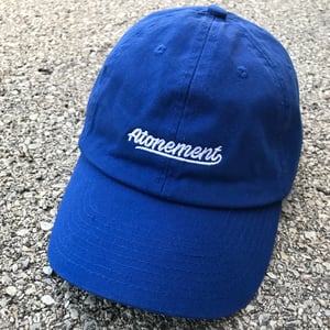 Image of Atonement Script Logo Dad Hat in Royal/White