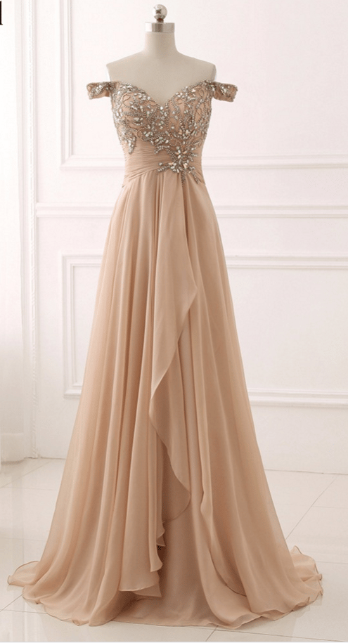 Champagne Sweetheart Off Shoulder Beaded and Sequined Prom Dresses, Long Prom Dresses 2018