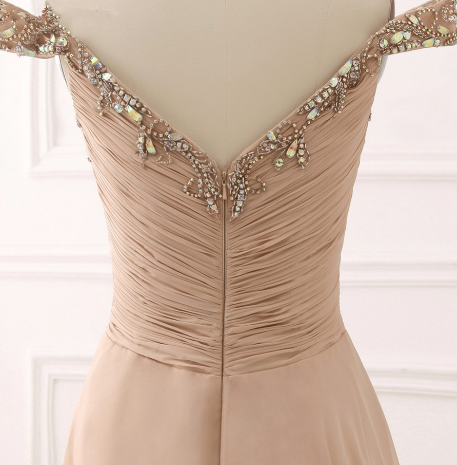 Champagne Sweetheart Off Shoulder Beaded and Sequined Prom Dresses, Long Prom Dresses 2018