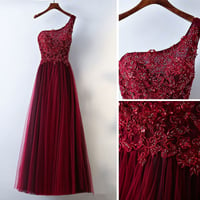 Image 1 of Gorgeous Dark Wine Red One Shoulder Prom Dresses 2018, Burgundy Long Lace and Tulle Dress