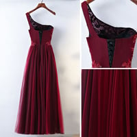Image 2 of Gorgeous Dark Wine Red One Shoulder Prom Dresses 2018, Burgundy Long Lace and Tulle Dress