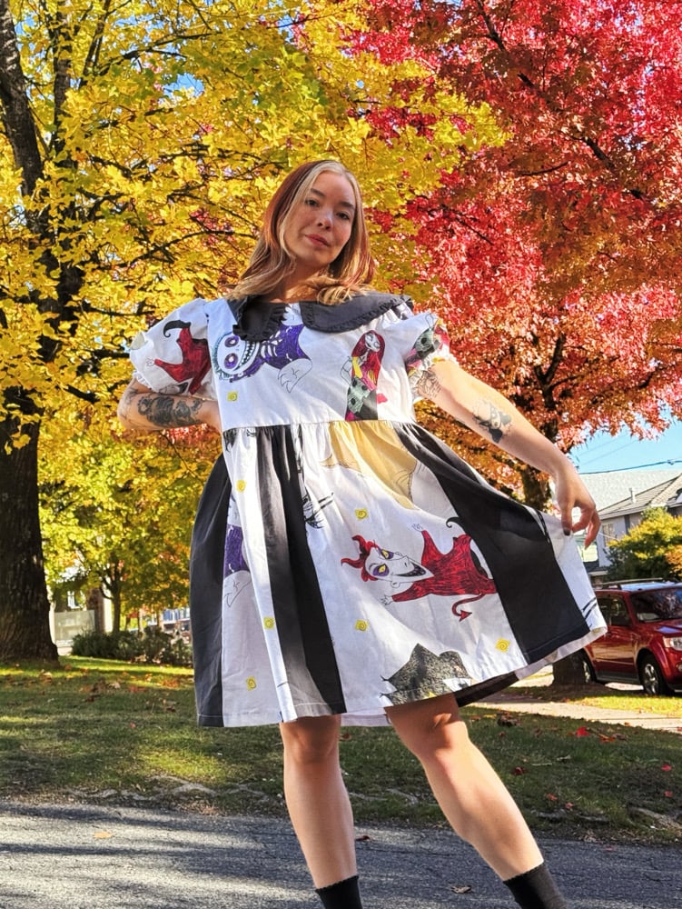 Image of Ruffle Collar Puff Sleeve Dress — Halloween Black Stripe