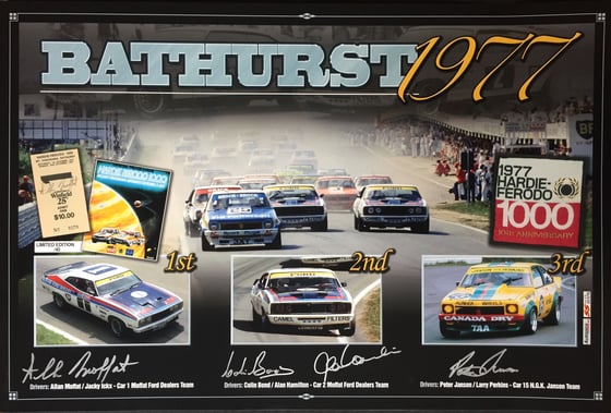 Image of Bathurst 1977 HF 1000 frame. 40th Anniversary print. Autographed by 4 drivers.