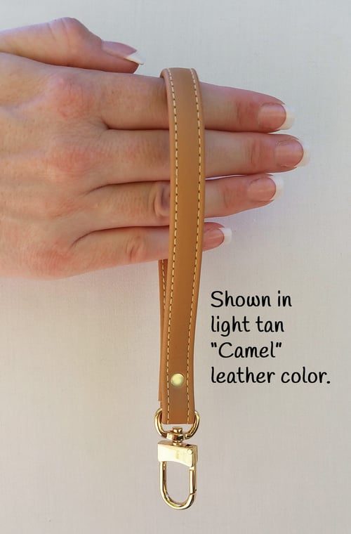 Image of Tan Leather Wrist Strap with Yellow Stitching - Choose Leather Color & Gold or Nickel #16LG Clasp