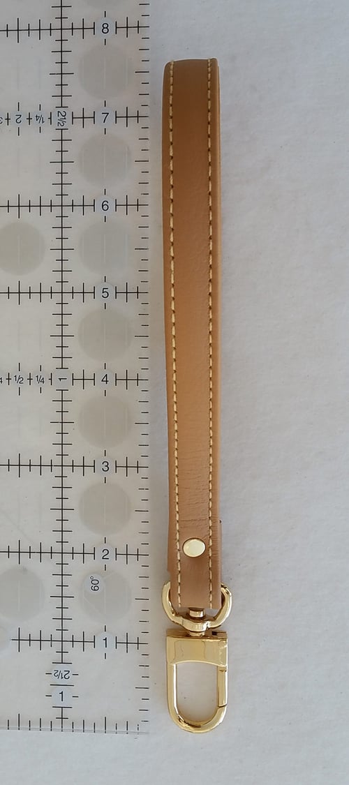 Image of Tan Leather Wrist Strap with Yellow Stitching - Choose Leather Color & Gold or Nickel #16LG Clasp