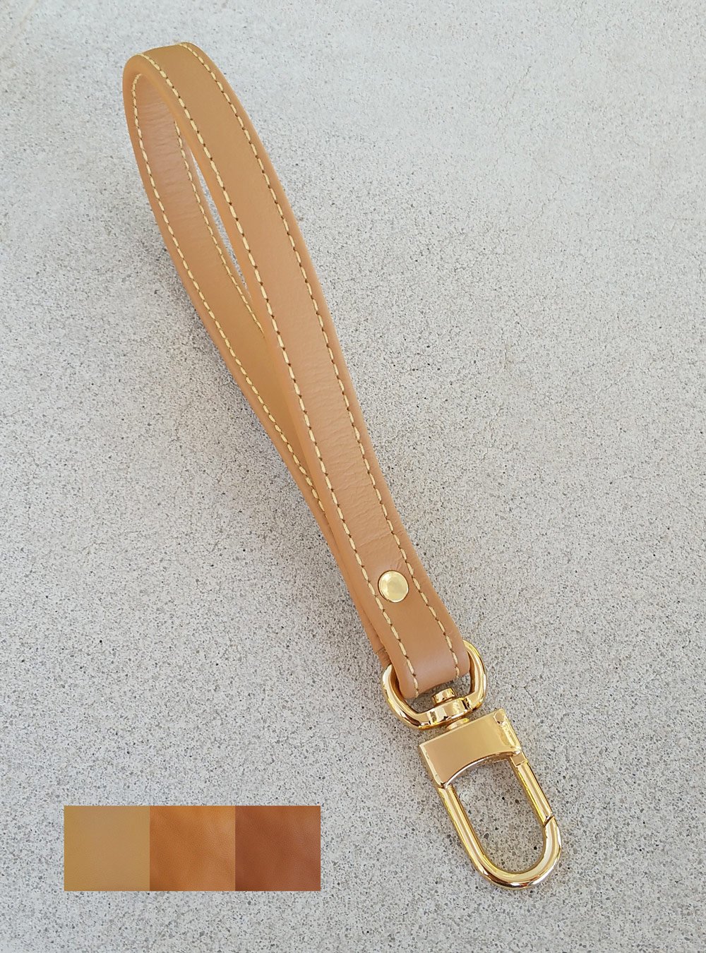 Image of Tan Leather Wrist Strap with Yellow Stitching - Choose Leather Color & Gold or Nickel #16LG Clasp