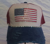 Image 1 of Acid Washed Blue, White and Acid Washed Red Baseball Hat with Crystal Flag