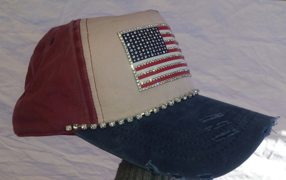 Acid Washed Blue, White and Acid Washed Red Baseball Hat with Crystal Flag