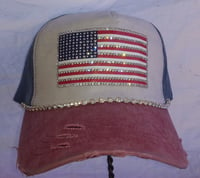 Image 1 of Acid Washed Red, White and Acid Washed Blue Baseball Hat Crystal American  Flag