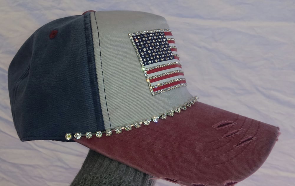 Acid Washed Red, White and Acid Washed Blue Baseball Hat Crystal American Flag