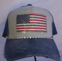 Image 1 of Acid Washed Blue Baseball Hat with Crystal American Flag