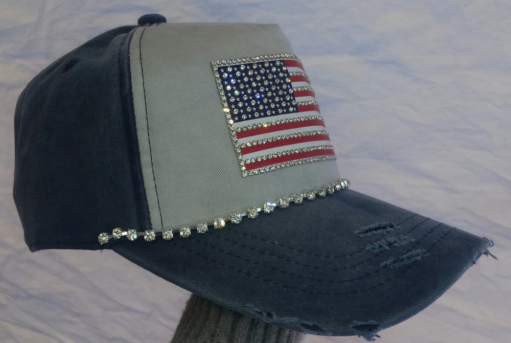 Acid Washed Blue Baseball Hat with Crystal American Flag