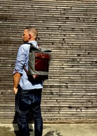 Image 1 of Waxed canvas rucksack / backpack with roll up top and leather bottom and outside pocket COLLECTION U