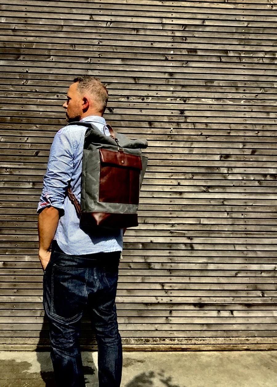 Image of Waxed canvas rucksack / backpack with roll up top and leather bottom and outside pocket COLLECTION U