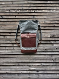 Image 2 of Waxed canvas rucksack / backpack with roll up top and leather bottom and outside pocket COLLECTION U