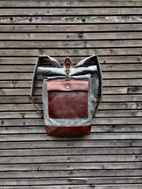 Image 3 of Waxed canvas rucksack / backpack with roll up top and leather bottom and outside pocket COLLECTION U