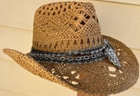 Image 2 of Brown Open Weave Cowboy Hat Layered Silver Chain and Crystal Band