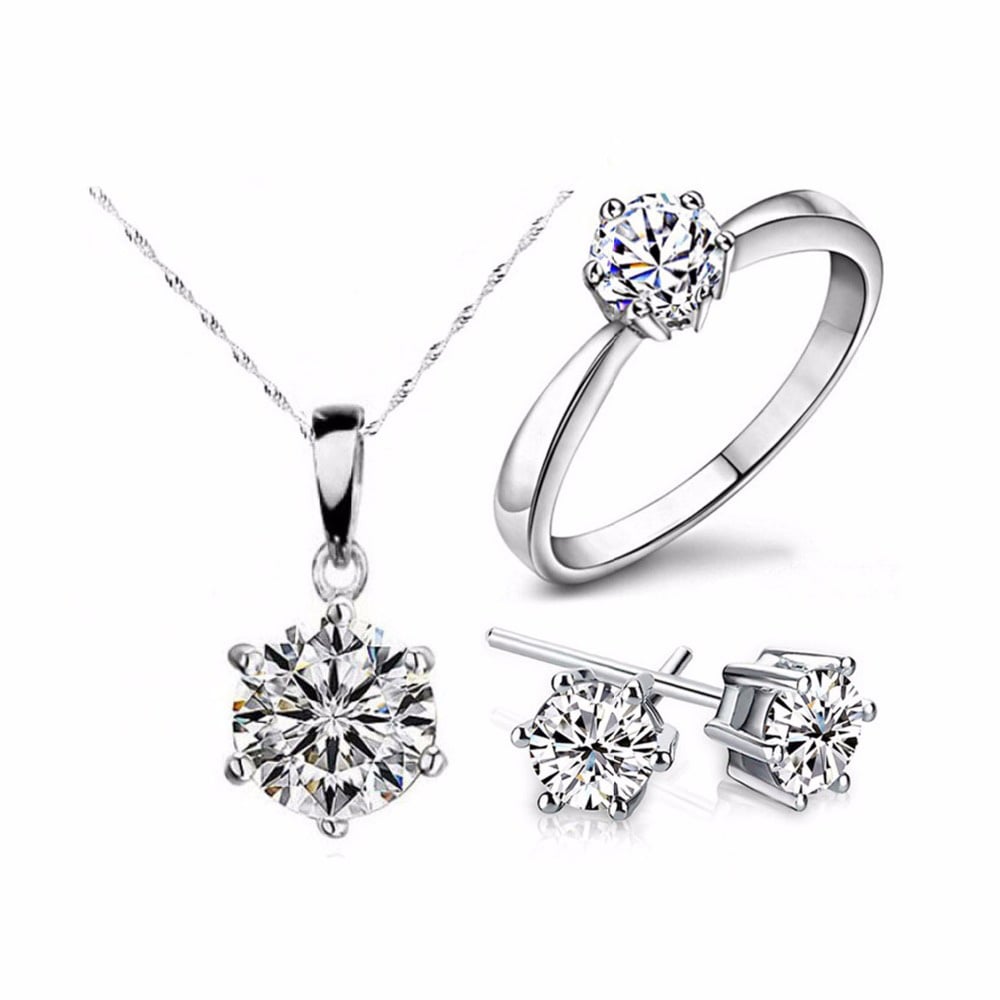 Image of Silver Color Fashion Jewelry Sets Cubic Zircon Statement Necklace & Earrings Rings Wedding