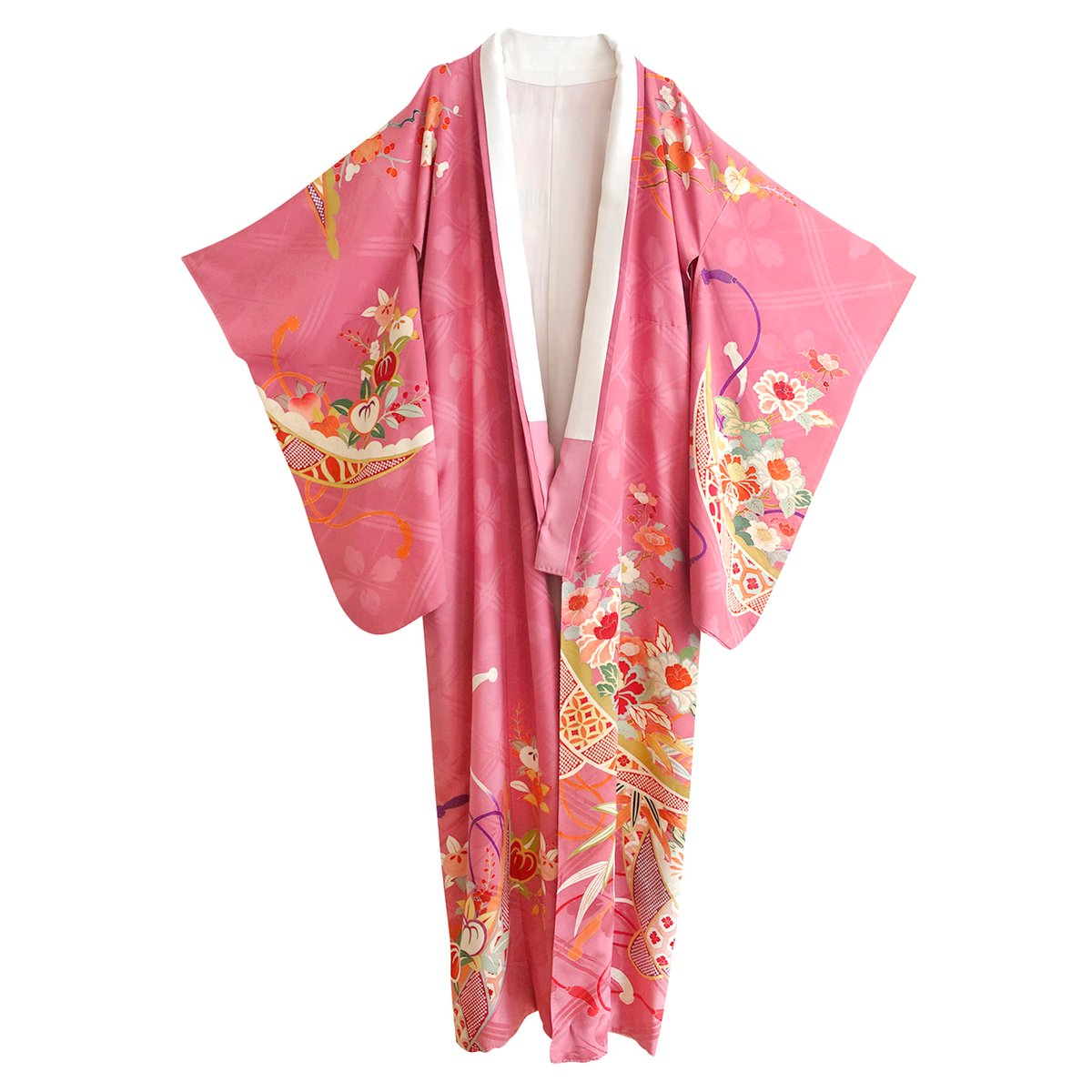 Image of Silke kimono i dyb rosa med farvede blomster ranker 
