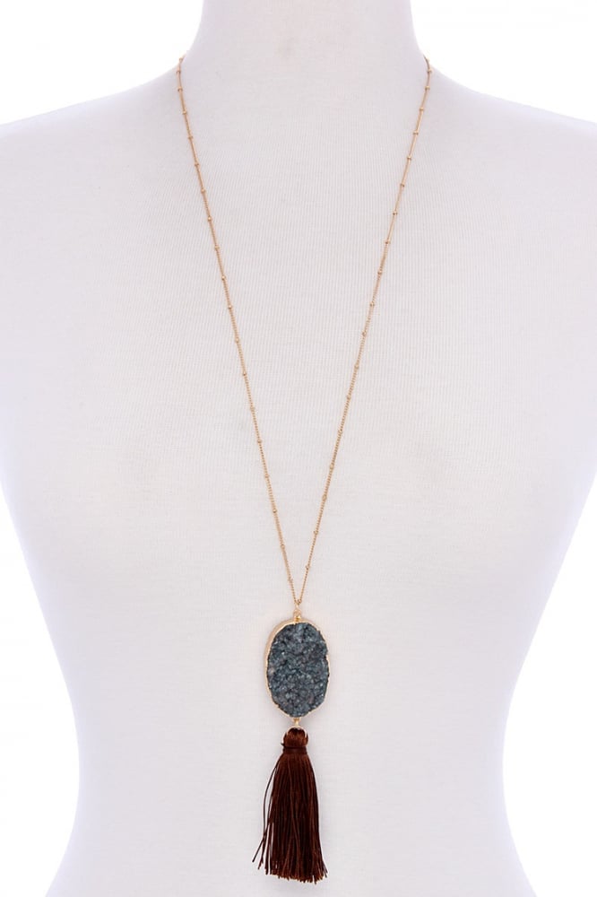 Image of Teal Geode with Brown Tassel Gold Chain Necklace