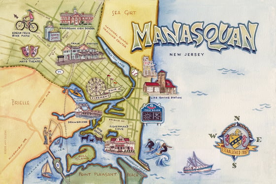 Image of Manasquan, NJ Illustrated Map - ©2019 Amy Zaleski