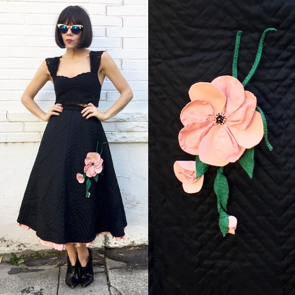 Image of Vintage 50's black quilted circle skirt w/ floral appliqué {xs}