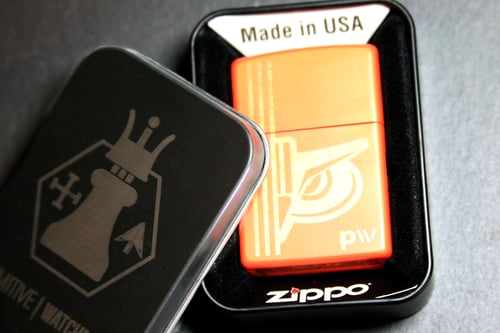 Image of SC[0]UT O.W.L. Orange/Copper Patina Zippo Lighter with Tin Case