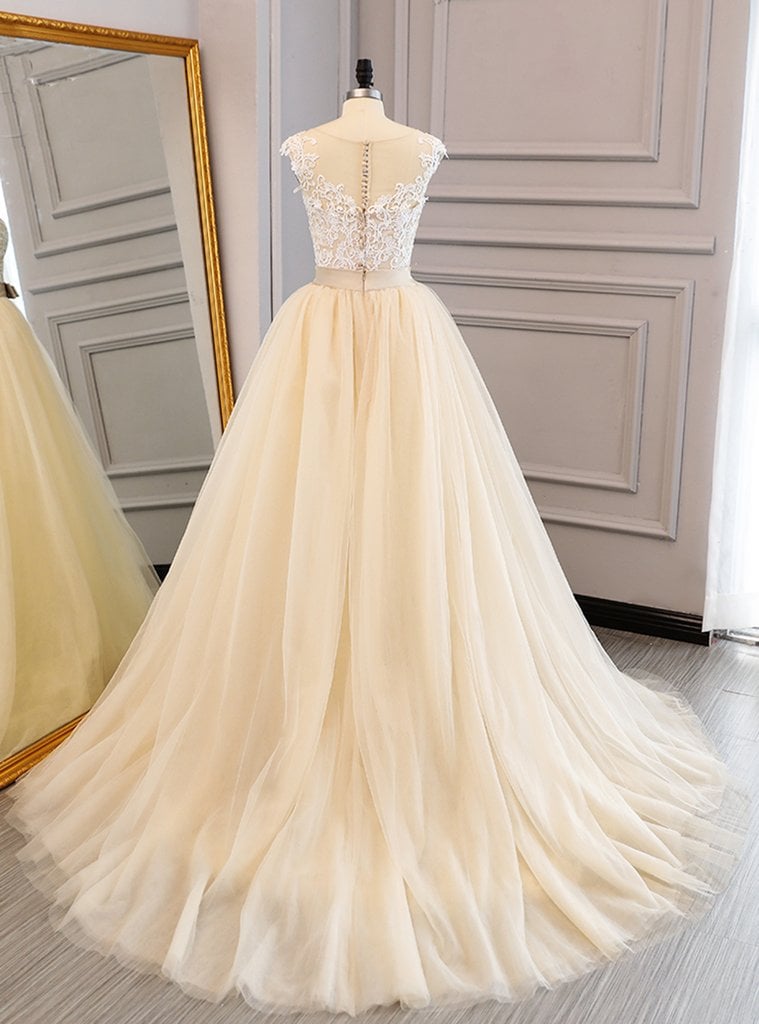 Gorgeous Tulle Cap Sleeves Champagne Prom Gowns, Beautiful Party ...