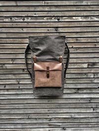 Image 4 of Waxed canvas backpack with roll up top and oiled leather outside pocket COLLECTION UNISEX