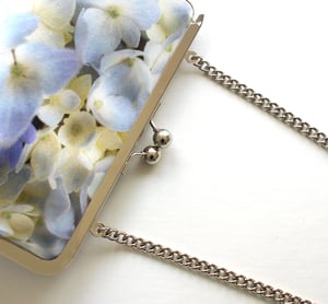 Image of Pastel hydrangea, printed silk clutch bag with optional chain handle