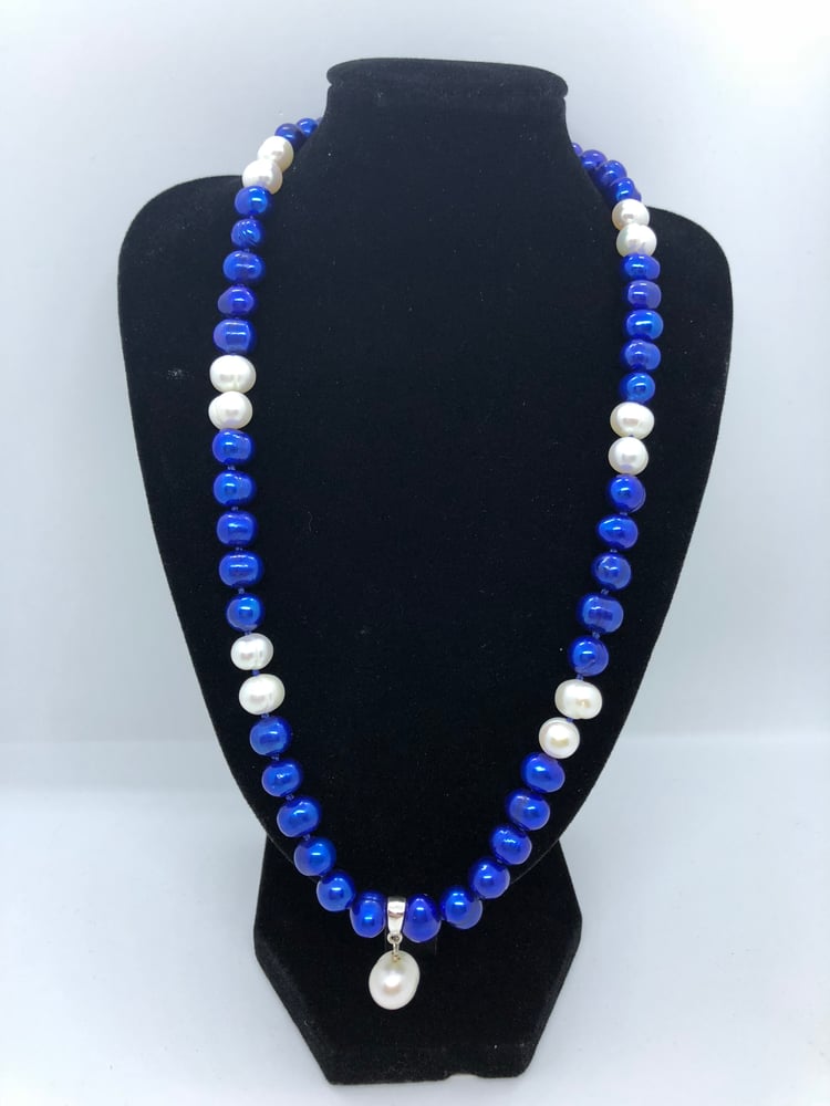 Image of Electric Blue & White Freshwater Cultured Pearl Necklace with Drop Pendant