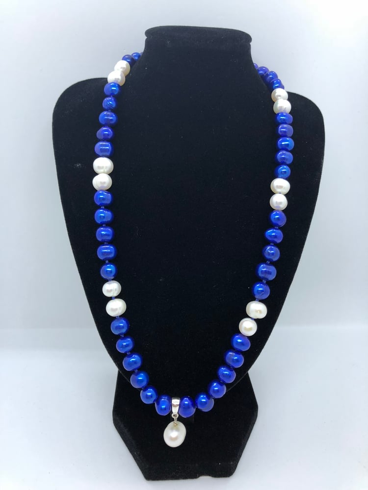 Electric Blue & White Freshwater Cultured Pearl Necklace with Drop ...