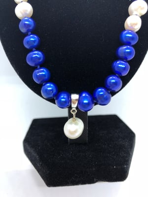 Image of Electric Blue & White Freshwater Cultured Pearl Necklace with Drop Pendant