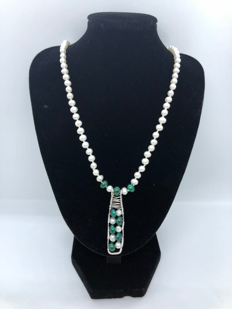 Image of Green & White Freshwater Cultured Pearl Necklace with 925 Sterling Silver Wirewrapped Pendant