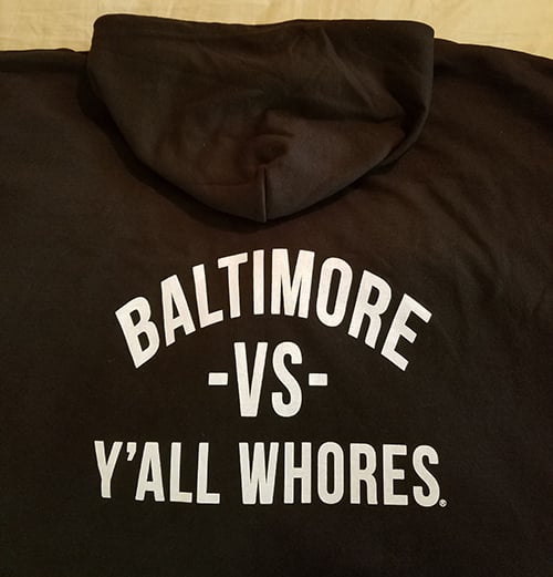 Image of Baltimore Vs Y'all Whores Zip Up Hoodie - White on Black