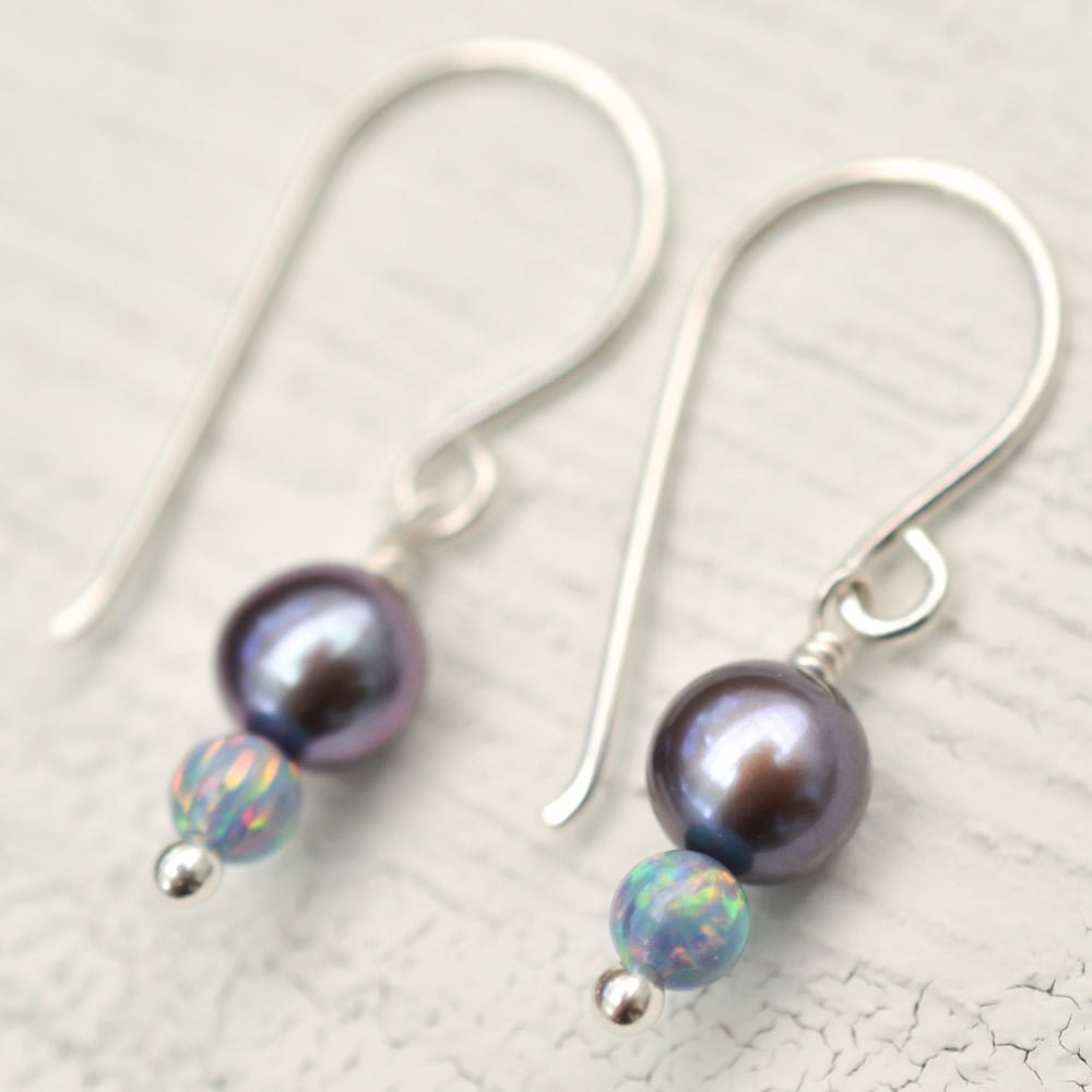 Image of Freshwater cultured peacock pearl sterling silver earrings simulated opals