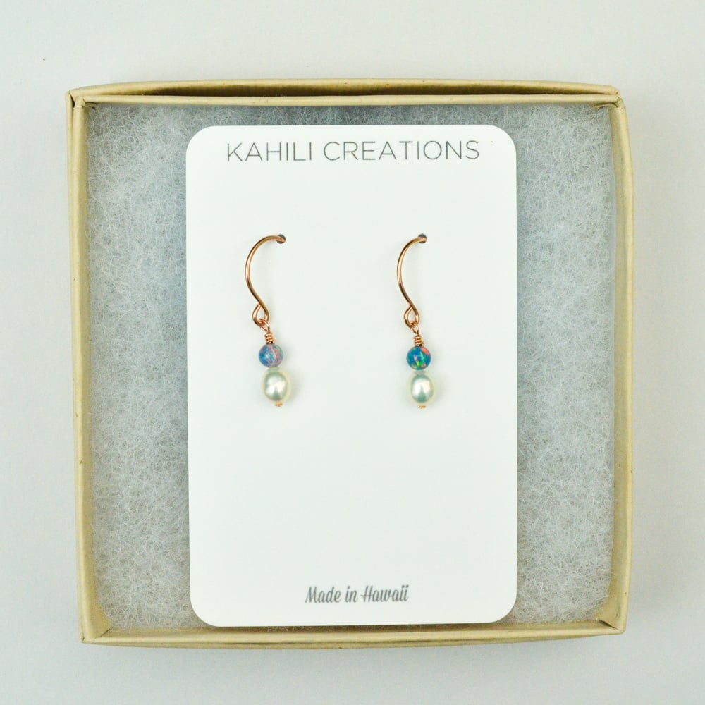 Image of White freshwater cultured pearl earrings simulated opals