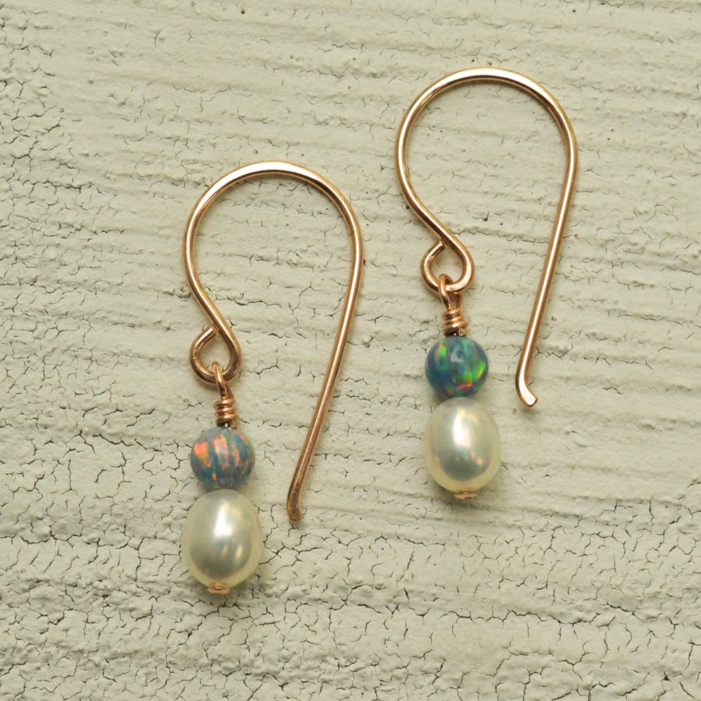 Image of White freshwater cultured pearl earrings simulated opals