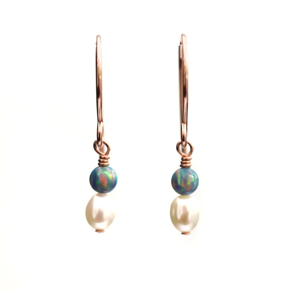 Image of White freshwater cultured pearl earrings simulated opals