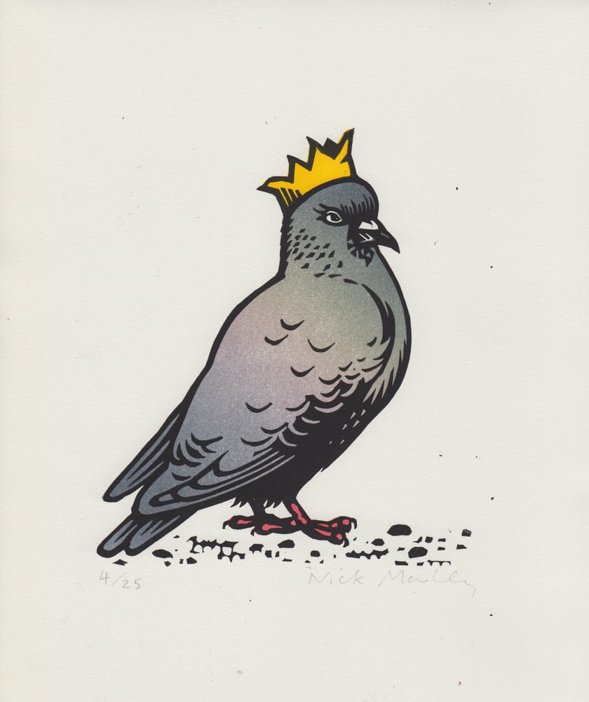Image of Party Pigeon linocut