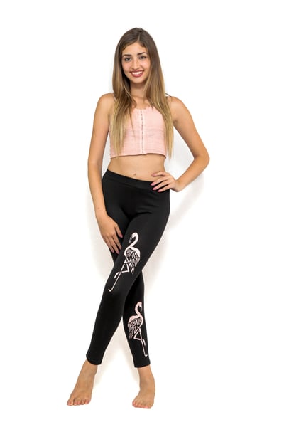 Image of Flamingo leggings, Black yoga leggings, Handmade leggings, Hand painted leggings, Yoga pants