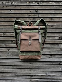 Image 2 of Waxed canvas backpack with roll to close top with leather bottom and outside pocket in dark taupe