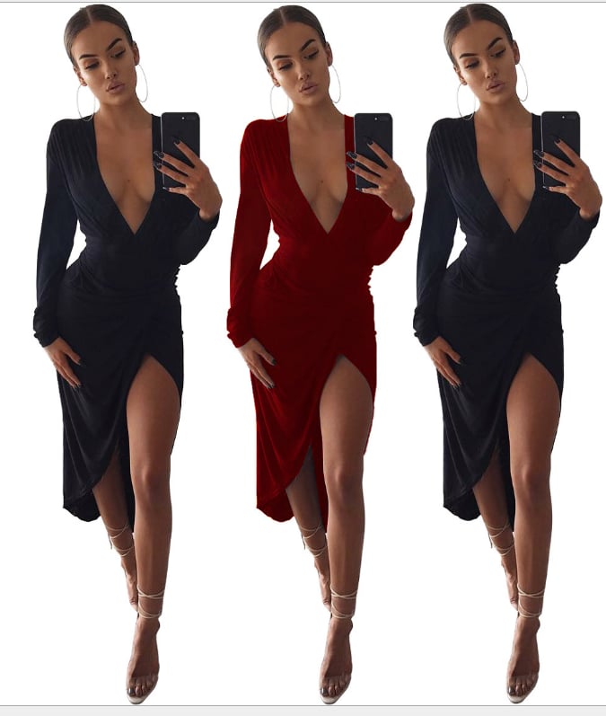 Image of The new irregular deep V long sleeve dress