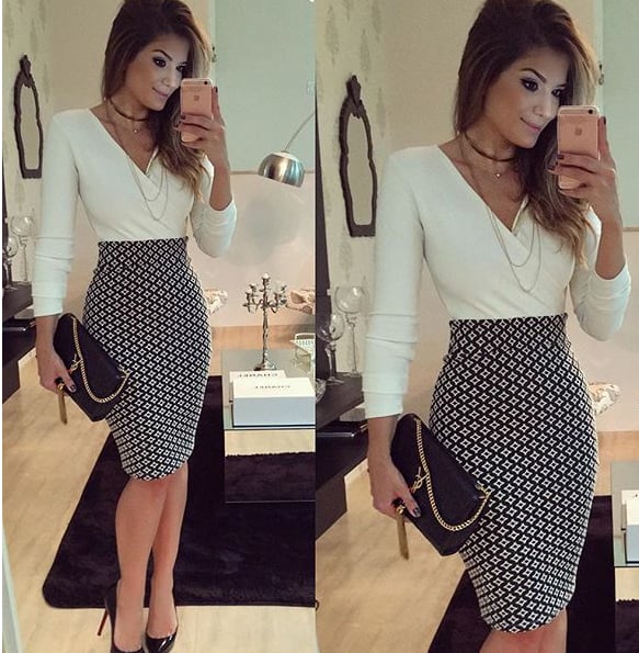 Image of White print sexy v-neck long sleeve hip dress